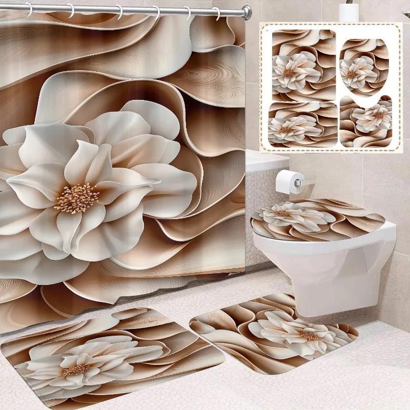 1/4 Stuks Waterdicht en schimmelbestendig Douchegordijn Luxe met Haak Douchegordijn met antislip mat U-vormige mat toiletdekselhoes