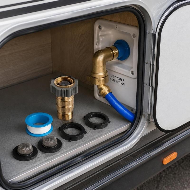 Brass Motorhome Water Pressure Regulator Kit with 3/4 Garden Hose Thread, 90 Degree Elbow Adapter, Seal Tape and Washer Accessories