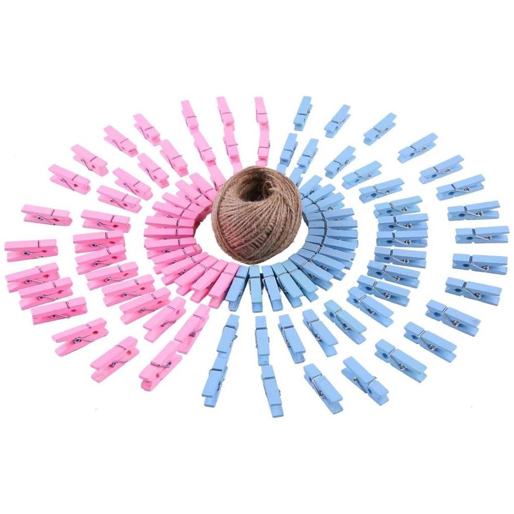 120Pcs Blue and Pink Gender Reveal Clothespins Baby Shower Clothes Pins Plastic Small Clips with Jute Twine for Party Favors