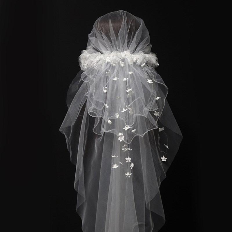 Bridal Veil Bride Hat Elaborate Veil Headscarf Flower White Bachelorette Party Bride Veil Sheer Head Scarf