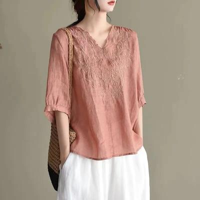 Spring and Summer Large Size Loose Temperament Casual and Artistic Retro Cotton Linen V-neck Mid-sleeved Embroidered Top