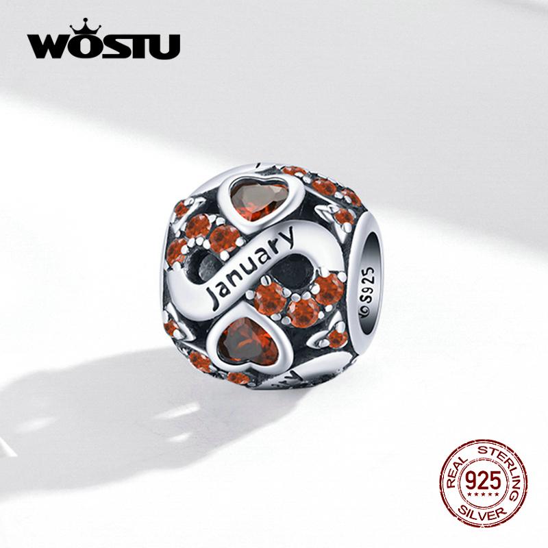 WOSTU Pave barevné kamínky Dvanáct měsíců sférický 925 Sterling Silver Charm korálek pro DIY šperky dárek