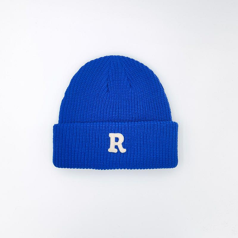 R mark Knitted Hat for Women's Letters In Autumn and Winter Thickened Pure Color Couple Warm Ear Protection Cold Hat for Men's Wool Hat