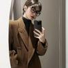 Coffee Colored Herringbone Patterned Woolen Coat Women Autumn Winter Loose Jacket