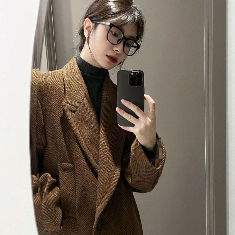 Coffee Colored Herringbone Patterned Woolen Coat Women Autumn Winter Loose Jacket