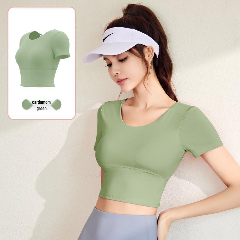 Yoga Slim Fit Criss-Cross Back Sports T-Shirt with Built-in Bra