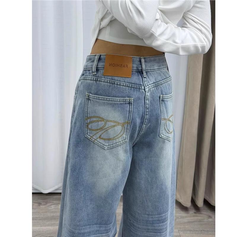 Women s Plus Size High Waist Retro Embroidered Wide Leg Jeans XL светло-синий