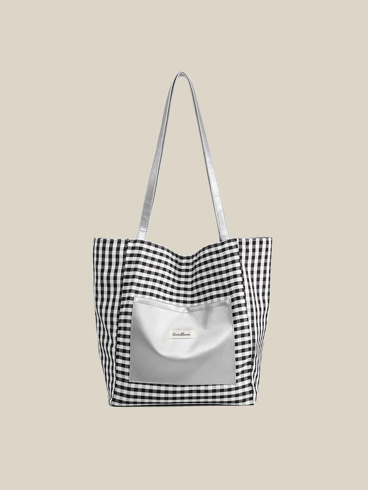 

Korean high-end check patchwork shoulder bag 2025 new niche relaxation large-capacity double-sided tote bag