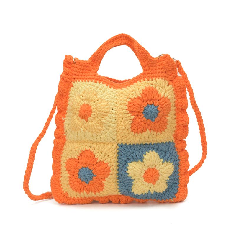 Boho Essential Handmade Crochet Granny Square Tote Bags Summer Knitted Flower Shoulder Bags Shopping Beach Daily Use Handbag