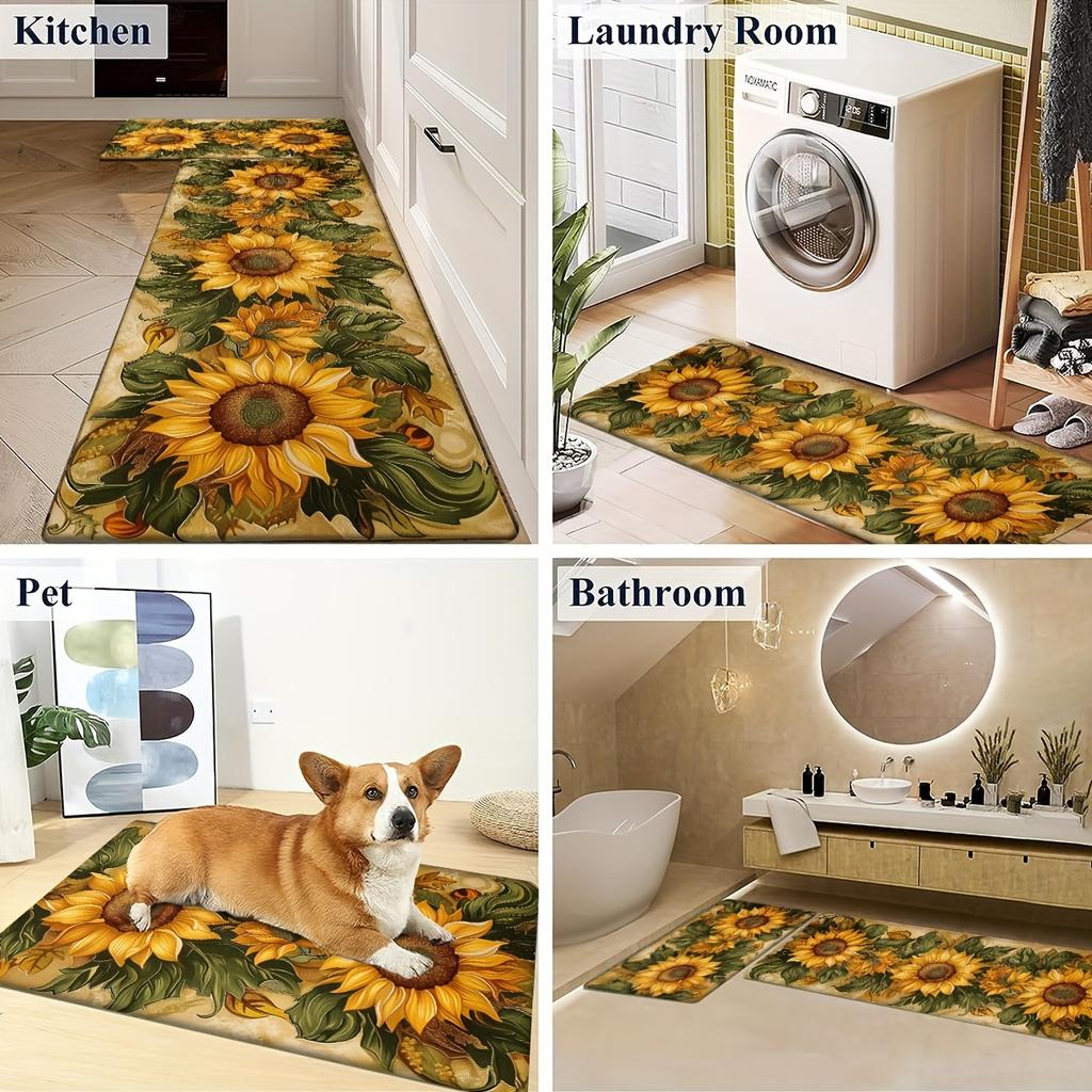 1 Stück Anti-Ermüdungs-Küchenteppiche, Sonnenblumen-Print Wasserdicht Rutschfest Dick Gepolsterte Küchenmatte Strapazierfähige Komfort-Standmatte für die Küche