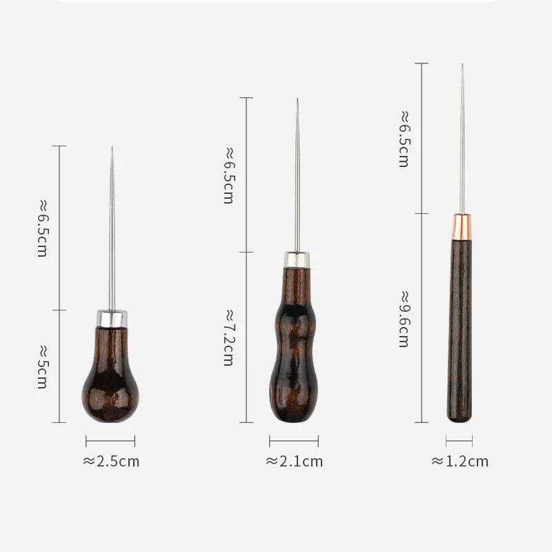 1/3Pcs Wooden Handle Awl DIY Leather Tent Sewing Awl Pin Punch Hole Repair Tool Hand Stitcher Leathercraft Needlework