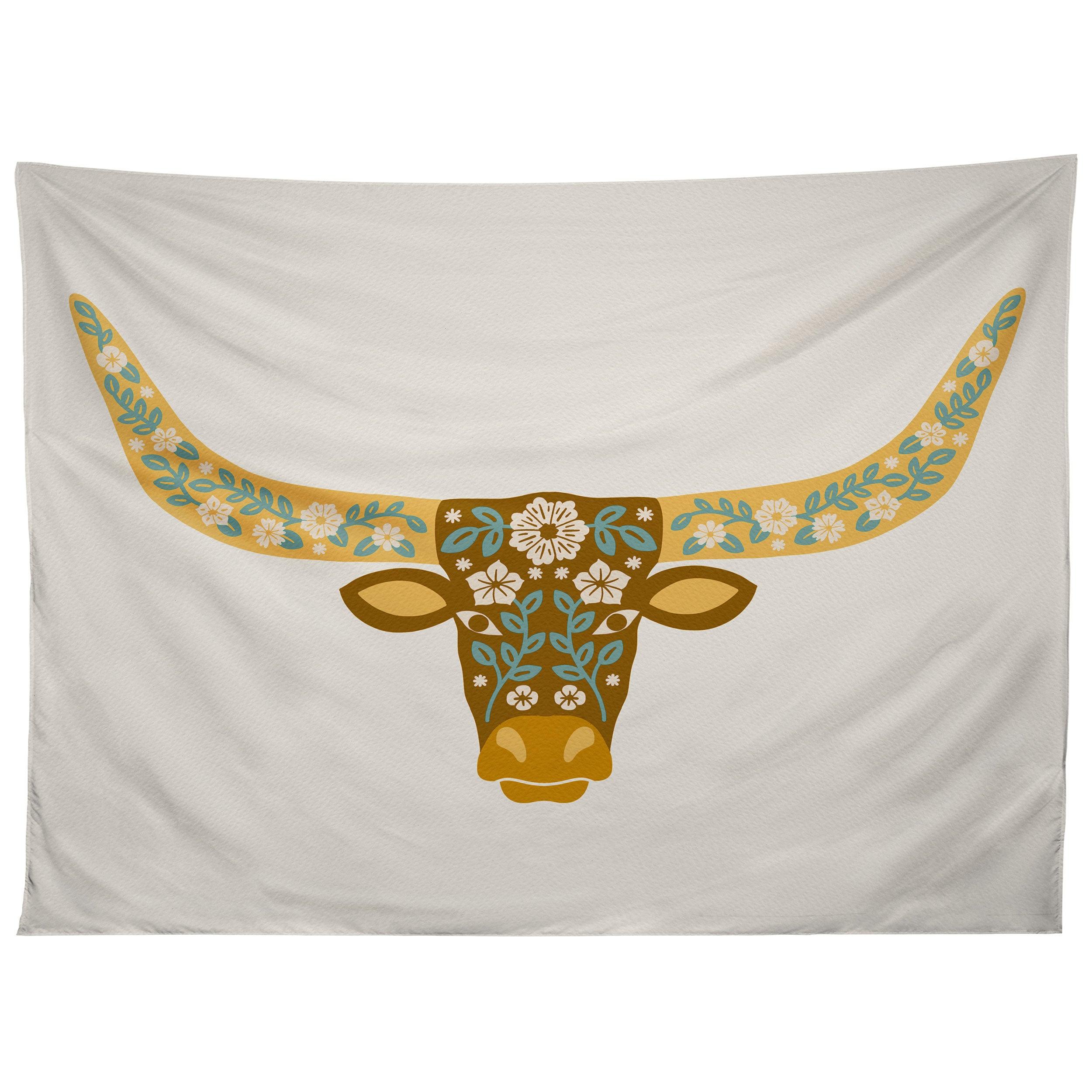 FLORAL LONGHORN YELLOW AND BLUE tapestry 75x100