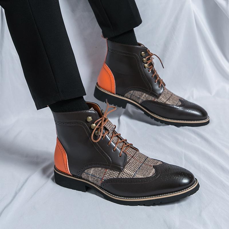 British Men's Mid-High Leather Brogue Boots: Fashionable Retro Business-Casual, Pointed Toe, Height-Increasing.