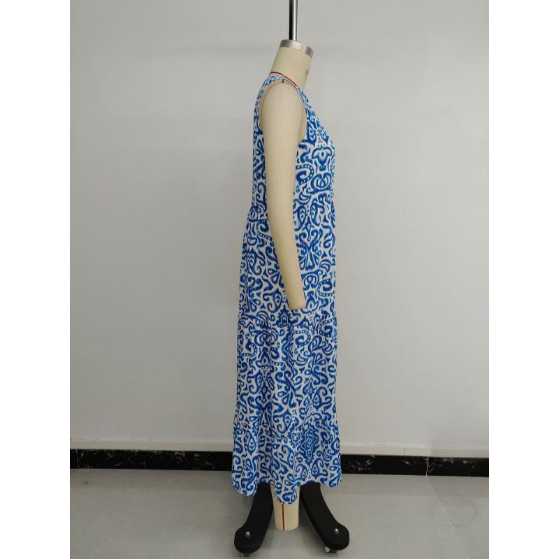 New Women's Abstract Print Sleeveless V-Neck Maxi Dress, Flowy Bohemian Long Dress for Summer Beach & Party