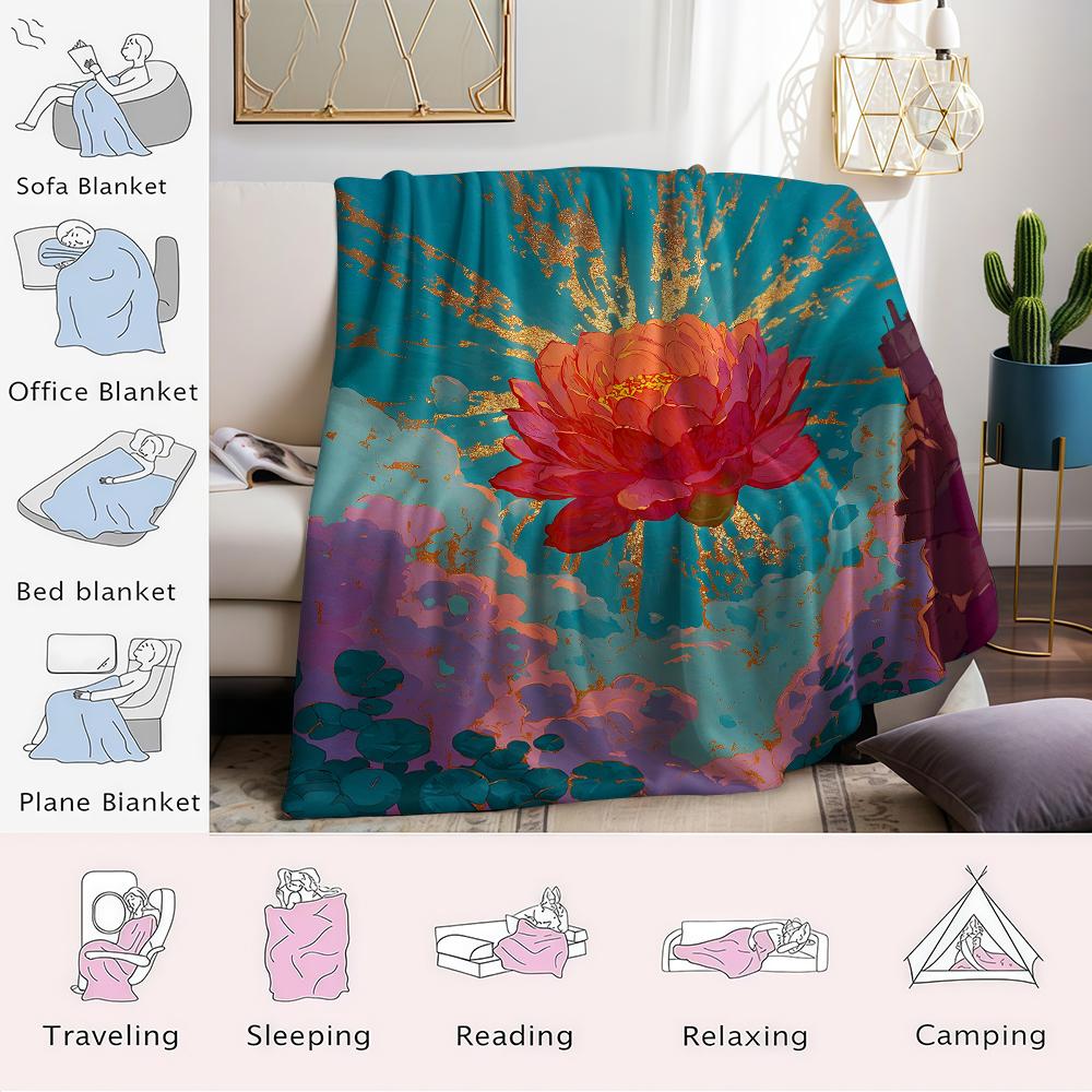 Golden Lotus Burst Flannel Blanket Warm Soft Halloween Christmas Couch Warm Cozy Decorative Decor Gift for All Season