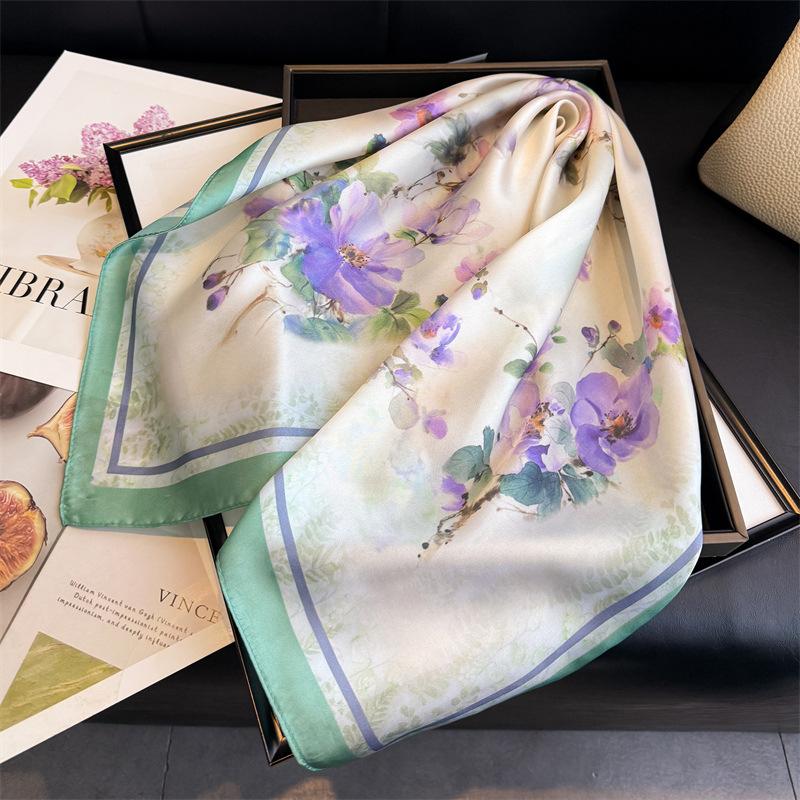 National Style Plant Simulation Silk Printing Women's Silk Scarf Square Scarf Premium Shawl Sunscreen Neck Scarf Headscarf Scarf