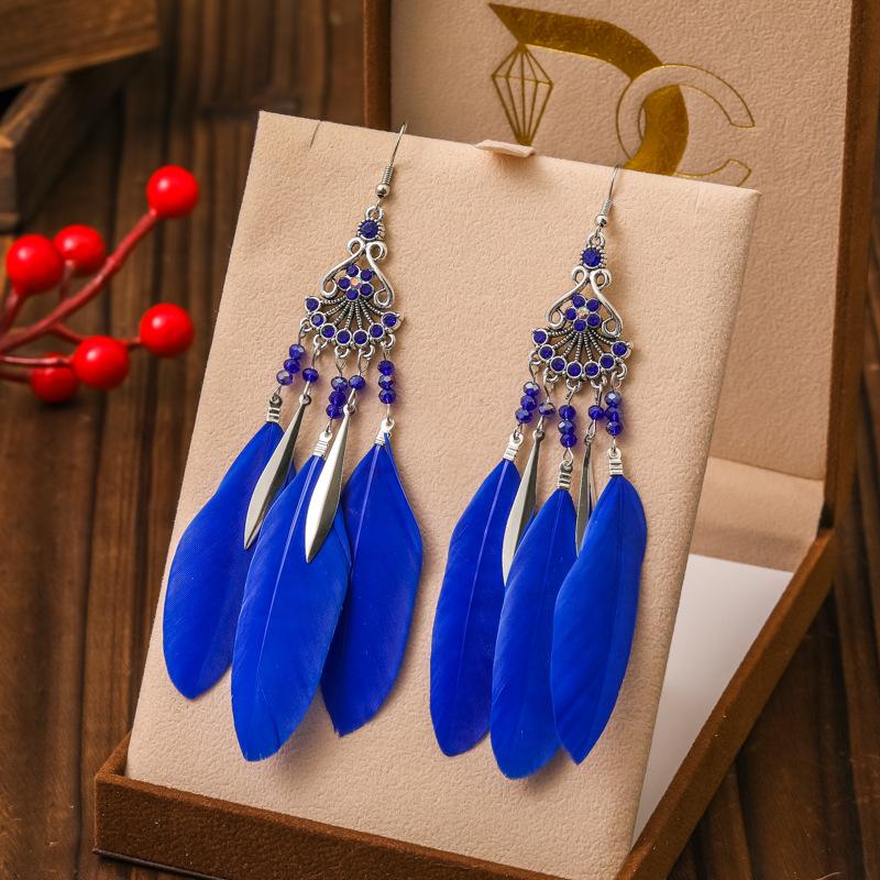 Vintage Ethnic Bohemian Crystal Beads Handmade Feather Tassel Women Earrings Long Drop Dangle Boho Jewelry Pendientes Mujer