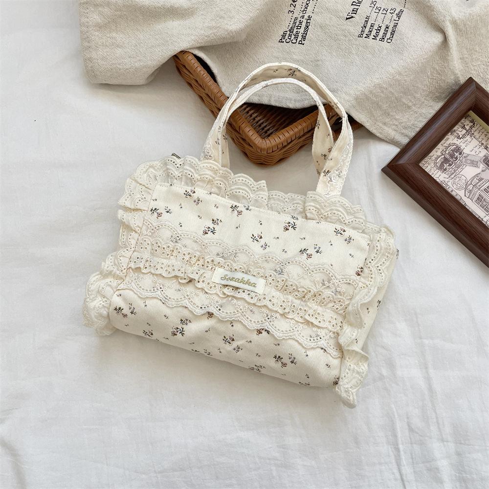 Lace Retro Flower Women's Canvas Shoulder Bags Vintage Floral Female Small Tote Bento Handbags Sweet College Girls Shopper Bag
