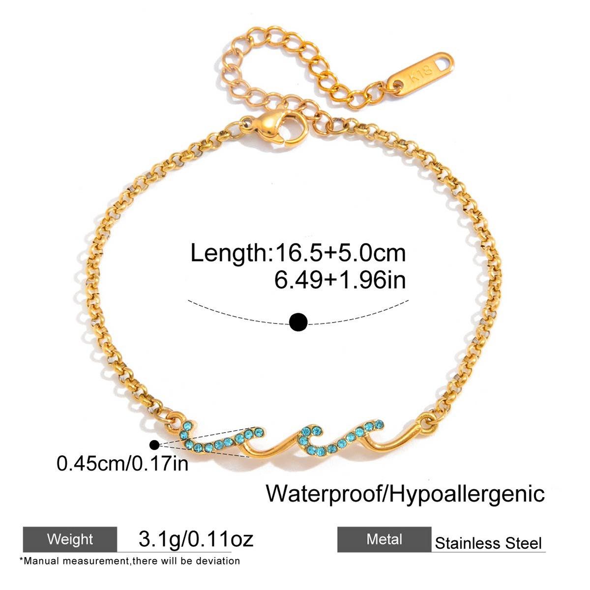

Stylish Blue Color Rhinestones Water-wave Charm Bracelets for Women Tarnish Free 18K Gold PVD Plated Stainless Steel Chain