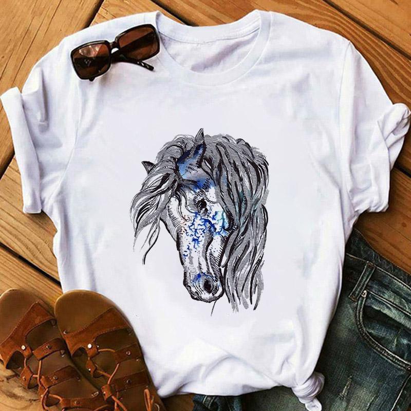 Horse Head Print Women T Shirt Aesthetic Art Short Sleeve Clothing Female T-Shirt Harajuku Graphic Clothing Women's Top