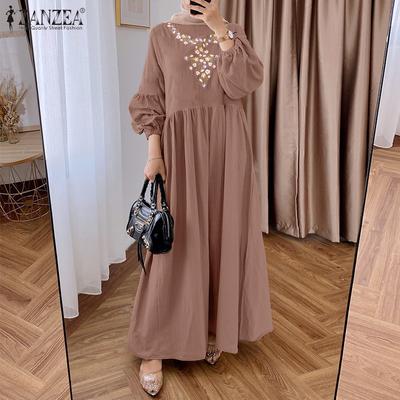 Women Casual Round Neck Long Sleeve Loose Floral Embroidery Dress