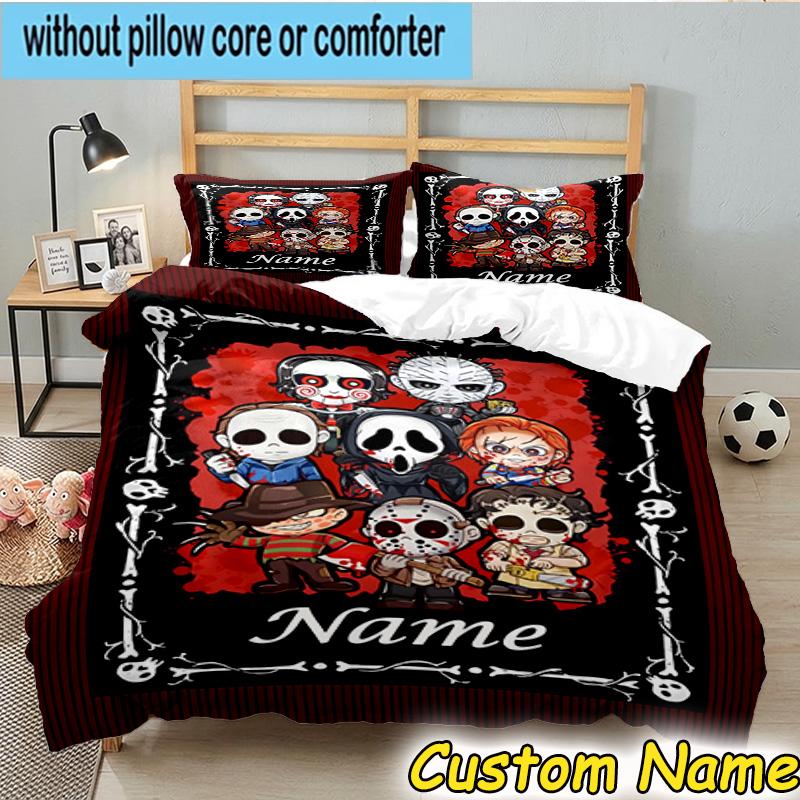 3PCS Custom Name Horror Characters Bedding Set, Bedding Set Including 1pc Duvet Cover And 2pcs Pillowcases for Bedroom,Dormitory Gift