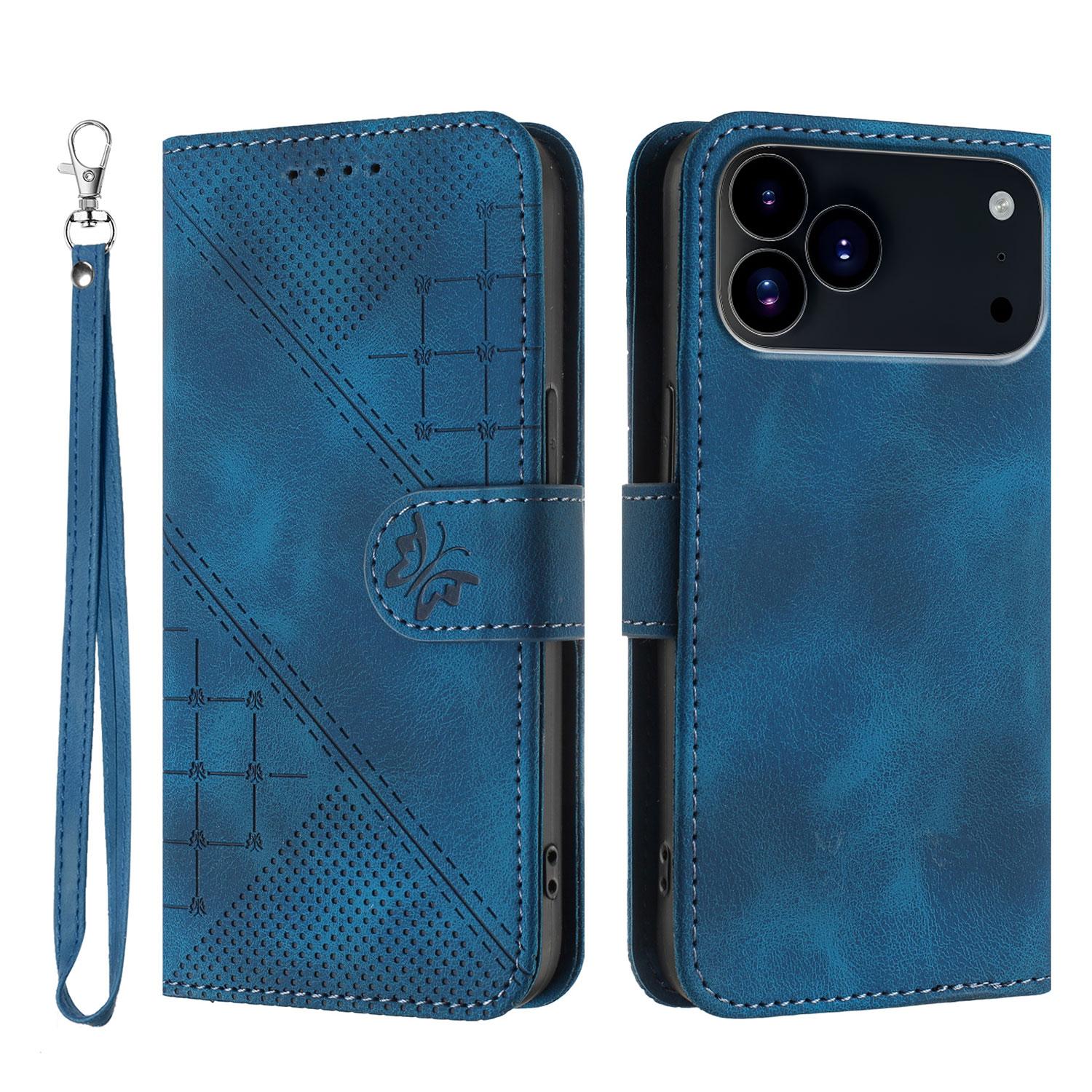 

For iPhone 17 Pro Leather Wallet Case Butterfly Flower Imprinted Phone Cover with Strap Royal Blue
