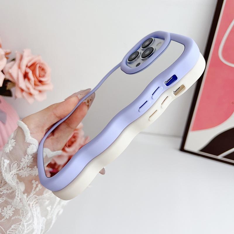 Luxury Mirror Phone Case For iPhone 15 Plus 14 13 Pro Max 12 Pro 11 Curly Wave Frame Shockproof Lens Protection Soft Cover