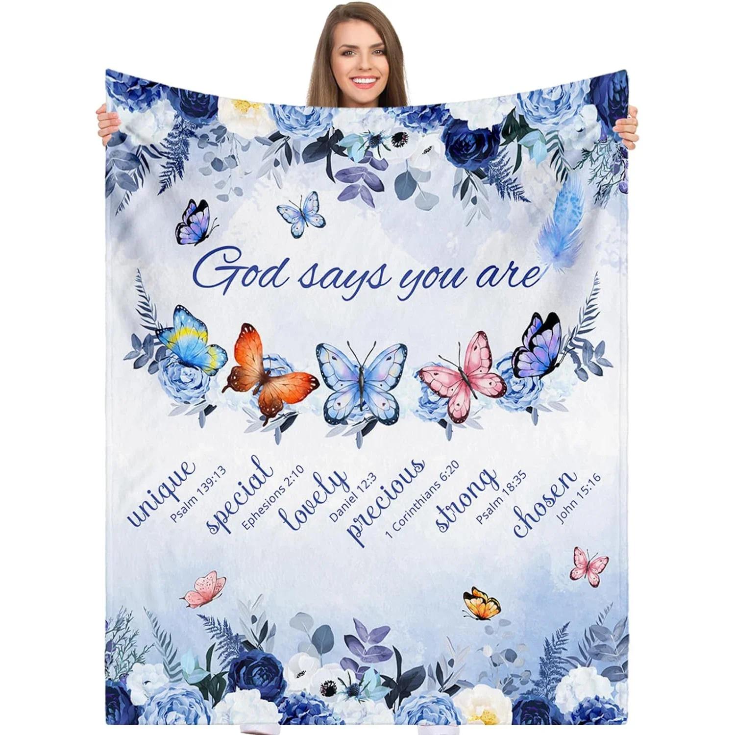 

Christian blankets, blue rose butterfly prayer religious gifts with biblical verses and inspiring ideas, warm flannel blankets# 75X95CM