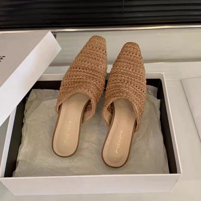 French Niche Weave Half Slippers Women Wear Summer High Heels With Skirts Evening Bag Head Shoes