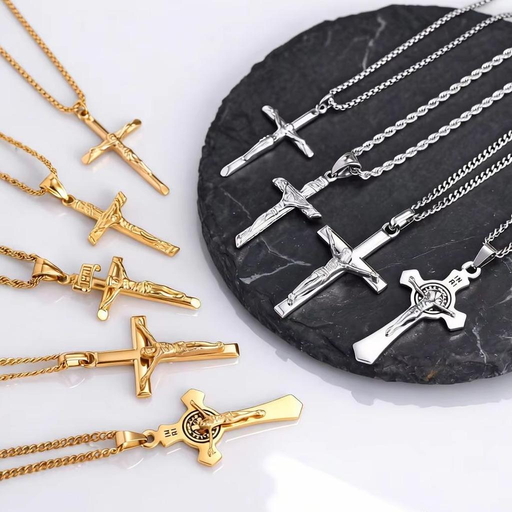 Stainless Steel Catholic Cross Necklace for Men,St. Benedict's Catholic Crucifix Pendant Necklace,Religion Gothic Jewelry Gift