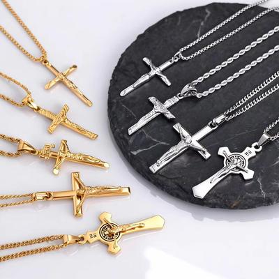 Stainless Steel Catholic Cross Necklace for Men,St. Benedict's Catholic Crucifix Pendant Necklace,Religion Gothic Jewelry Gift