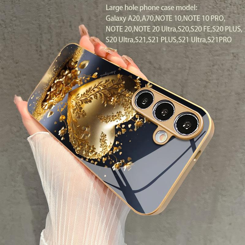 Gold Heart Floral Pattern 2D Phone Case for Samsung S26 S25 S24 S23 S22 S21 S20 A56 A36 A16 - Golden Glass Protective Cover