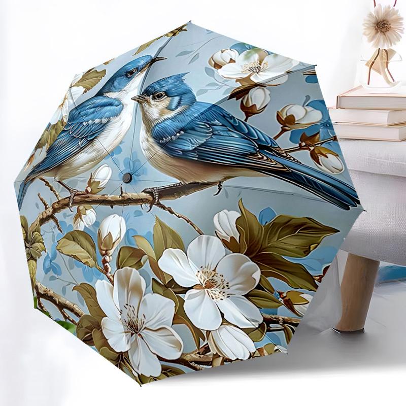 1pc Birds Blossoms Fashionable Auto Opening/Closing Folding Umbrella with 8 Bones, Windproof Portable, Daily Use255