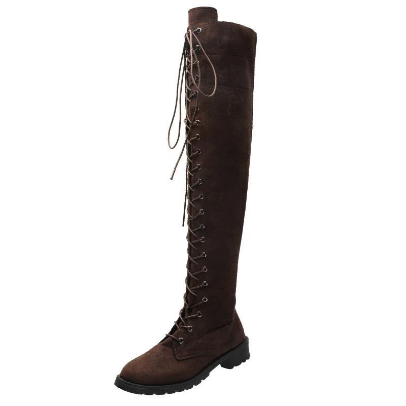 Fashion Casual Women's Boots Low Heels Flock Winter Over Knee Boots for Woman 2025 Lace Up Fashion Female Thigh High Boots2025