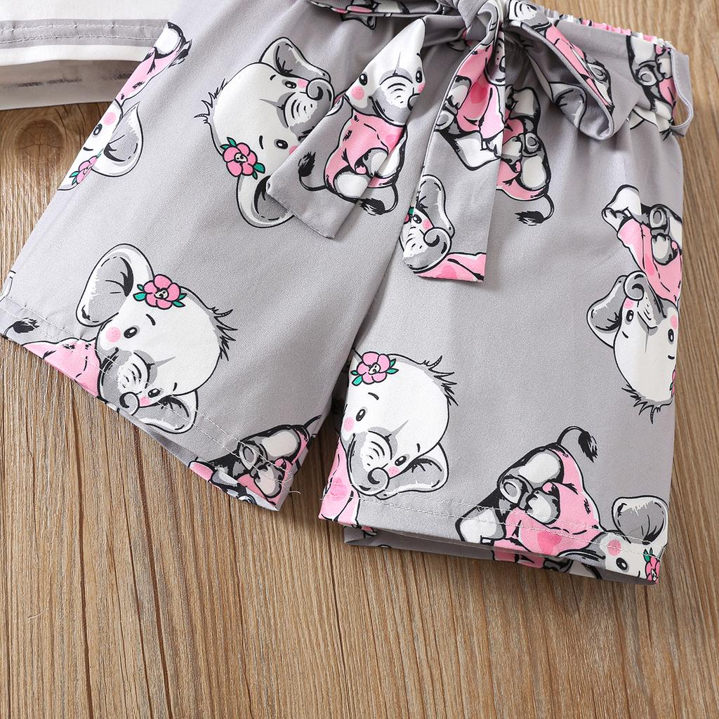 Kız Pijama Takımı Çizgili Fil Baskılı Kısa Kollu Üst ve Şort Rahat Ev Giyimi