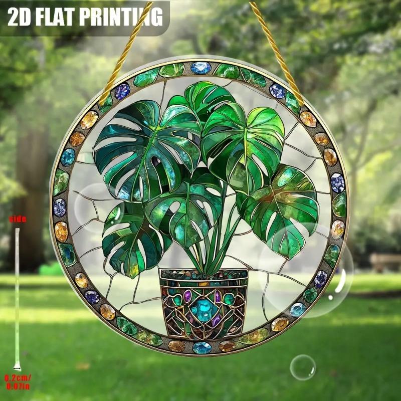 2D Flat Acrylic Colorful Monstera Leaf Acrylic Sun Catcher - Stained Glass Style Design with Green Leaves and Floral Accents, Home Decor