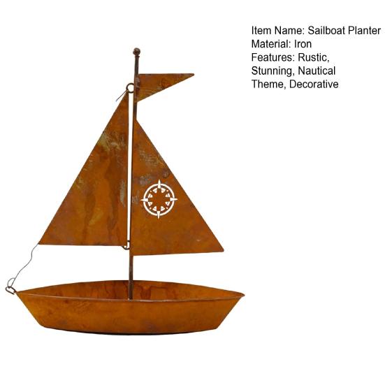 Rustic Iron Sailboat Sculpture 3D Metal Boat Planter Vintage Nautical Coastal Theme Flower Pot for Patio Balcony Porch Office Tabletop