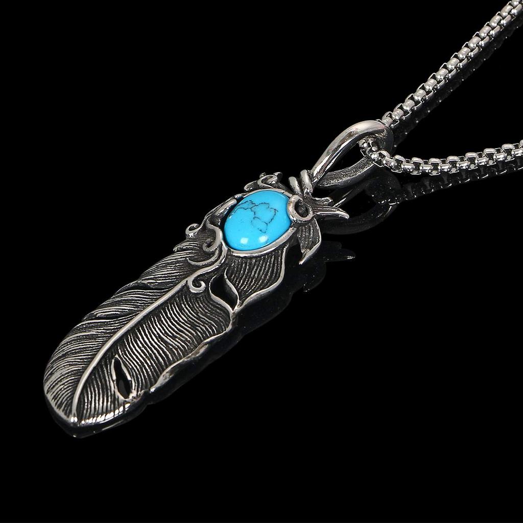 [ZIYMU] Feather Necklace, Indian Jewelry, Turquoise Pendant, Silver, Men's, 60cm Zm-p-029tc60