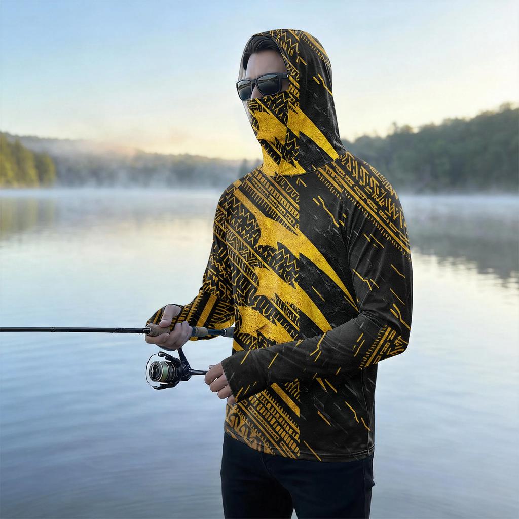 Men's Casual Outdoor Hooded Long Sleeve Sun Protection Shirt Lightweight Breathable Striped Printed Pullover Top for Sports Hiking Fishing