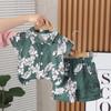 Children's Summer Full Print Leaf Flower Standing Neck Shirt Short Sleeve Set