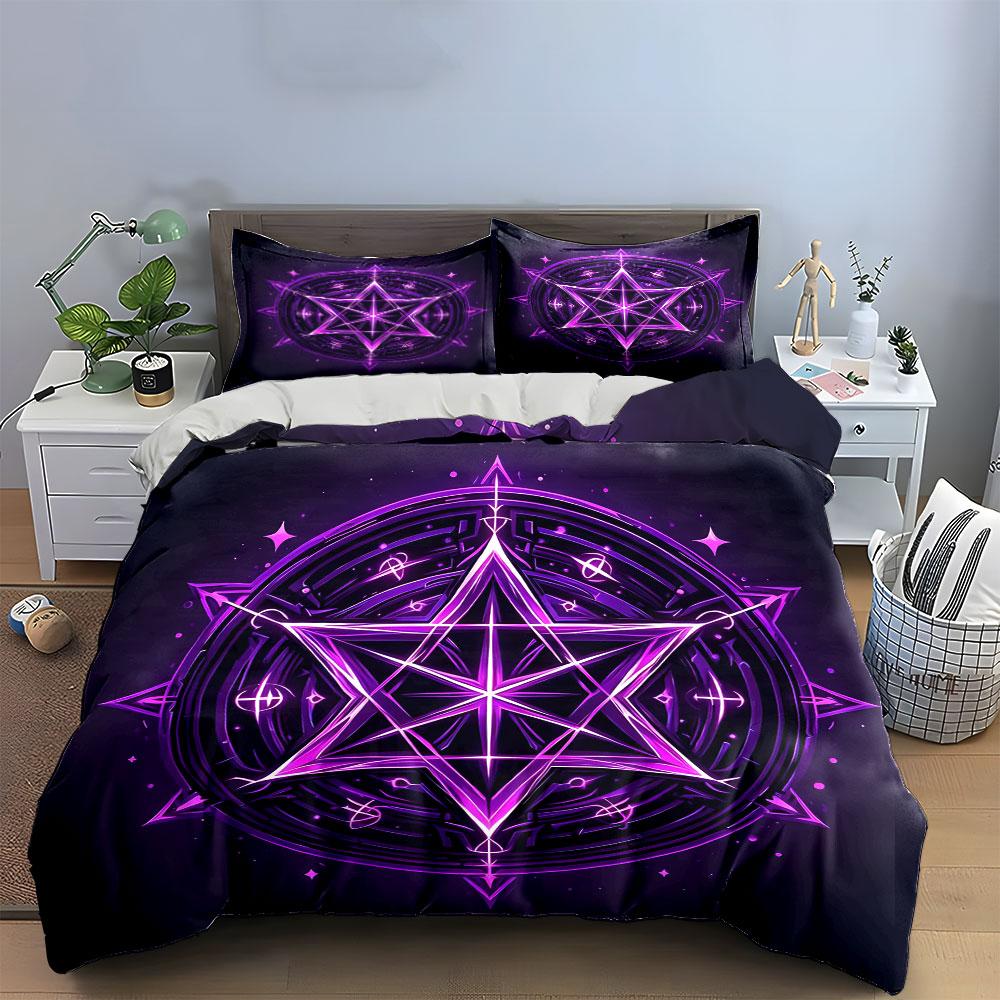 3Pcs Purple Pentagram Bedding Set, Glowing Magical Circle Print Duvet Cover + 2 Pillowcases, Mystical Witch Decor