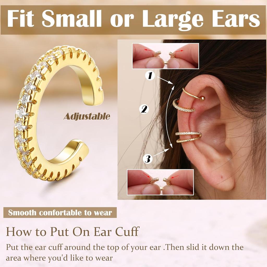 Ear Cuff Earrings for Women Non Piercing 14K Gold Plated Ear Cuffs Non Pierced Adjustable Fake Earrings Jewelry 3-4PCS
