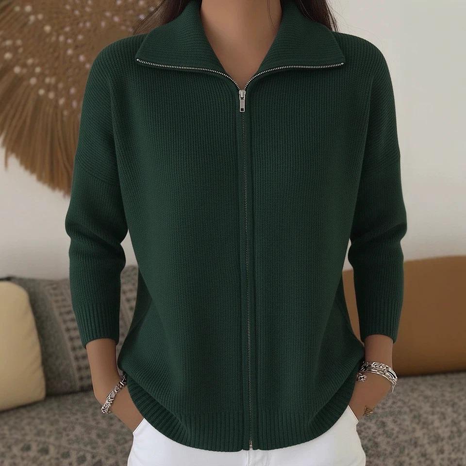 2026 Autumn/Winter Women's Solid Color Zipper Knit Lapel Sweater Cardigan