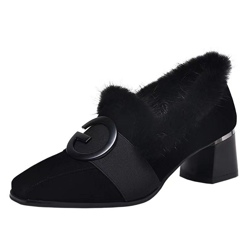 Fashion Kitten Heel Women's Block Heel Slip-on Cotton Leather Shoes Women's Square Toe Wool Shoes Deep Mouth Cotton Shoes