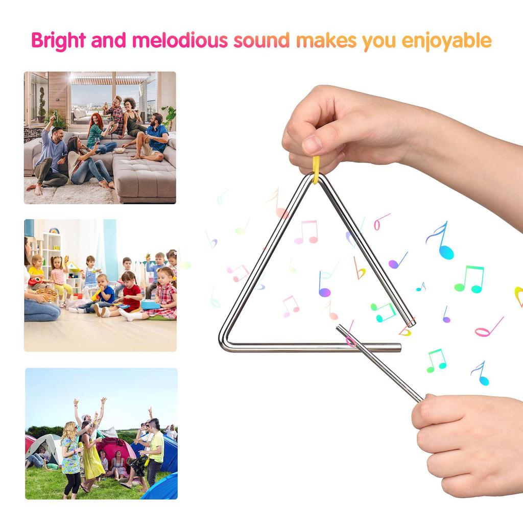 8 Inch Triangle Bell Triangolo with Metal Mallet Idiophone Steel Percussion Children Toddle Kid Rhythm Learning Early