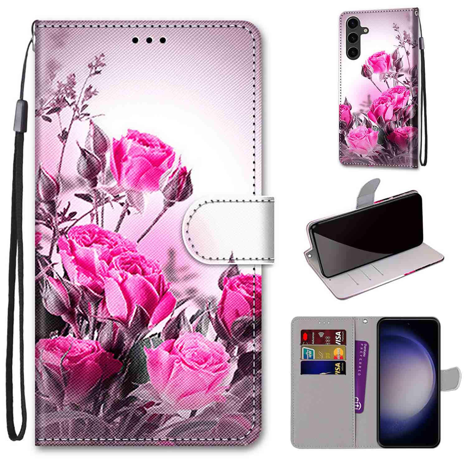 

Модный расписной узорный чехол-книжка с ремешком для iPhone Samsung Huawei Honor Xiaomi Redmi OPPO Realme Moto Asus Google Pixel 6A