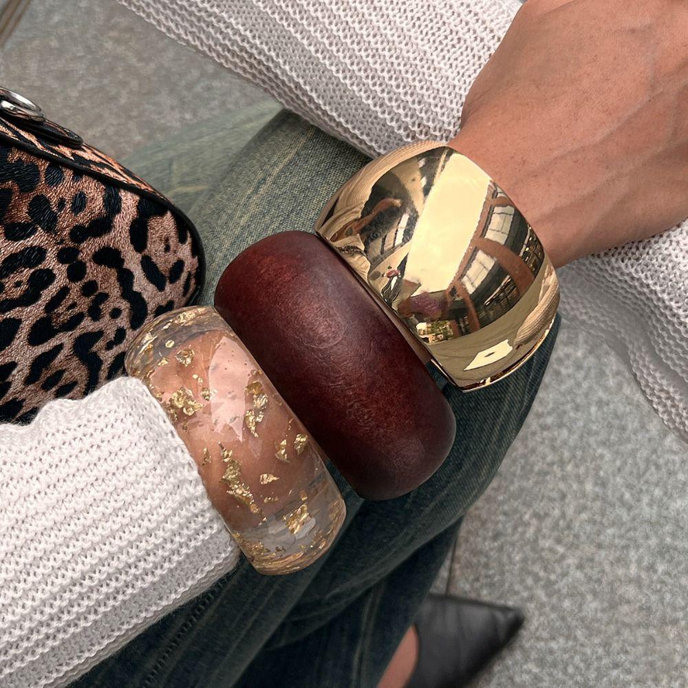 Chunky Wide Bracelets Resin Wood Alloy Hip-hop Bracelet Fashion Wide Bangle