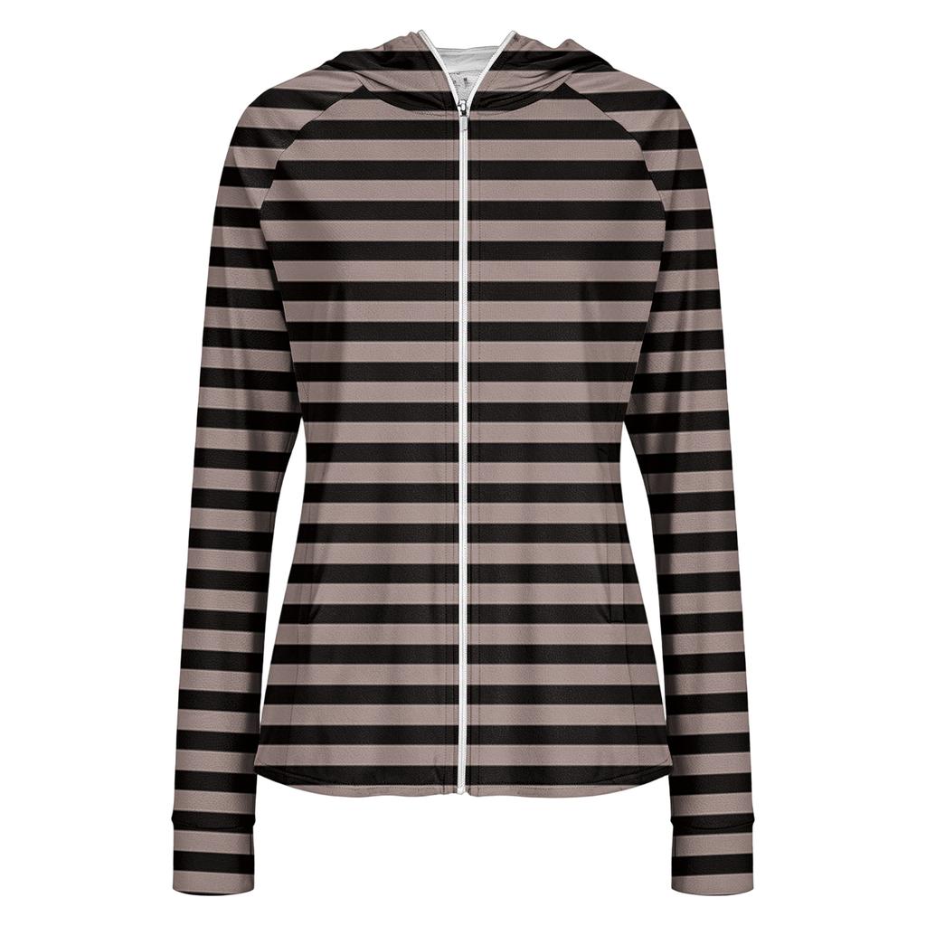 Women Zip Up Hoodie with Pockets Long Sleeve Lightweight Striped Sun Jacket Casual Hooded Top