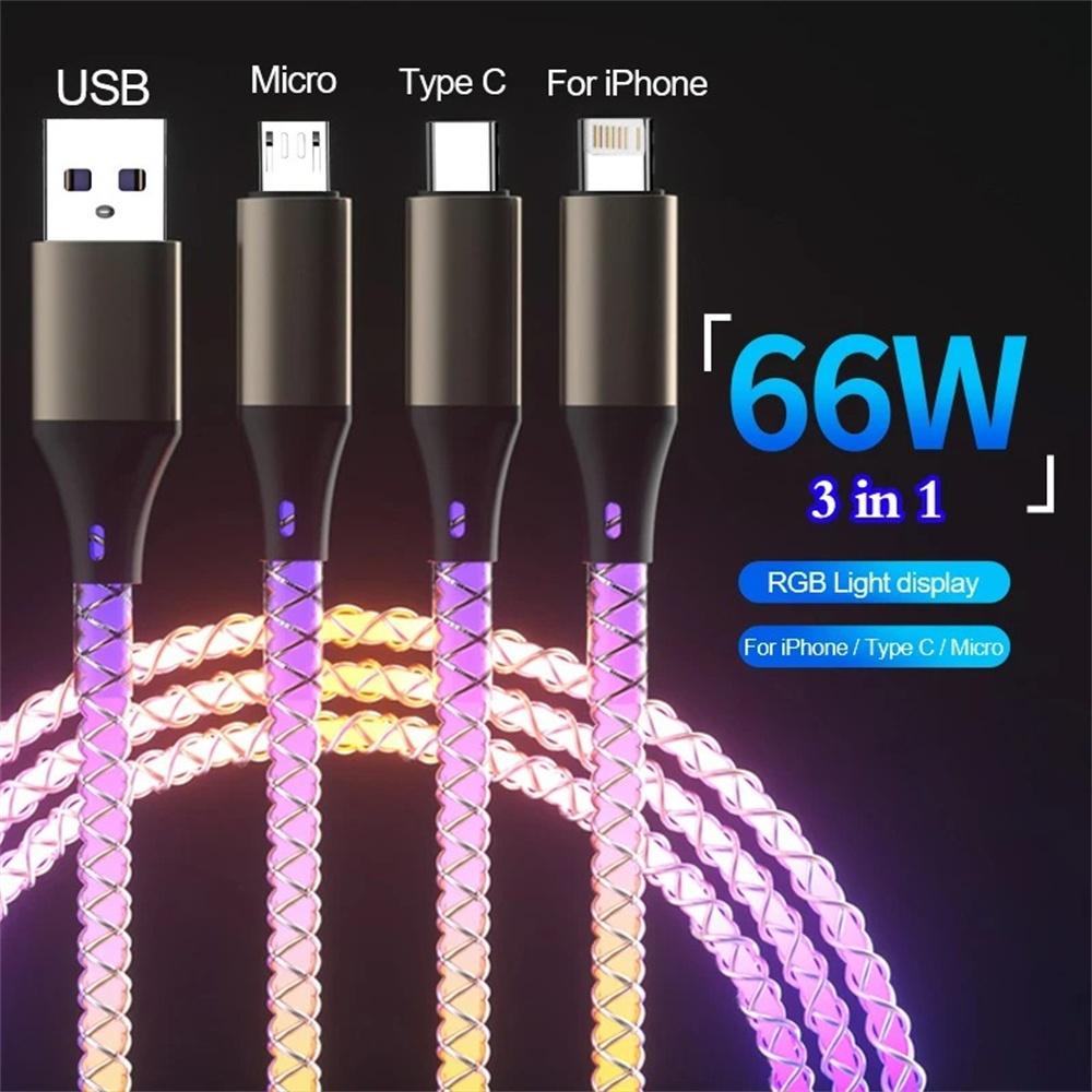 

66W 3 in 1 Fast Charging Cable 6A Type C Micro USB Cable RGB Colorful Streamer Glowing Line USB Cable For iPhone Samsung Xiaomi 1.2m чёрный